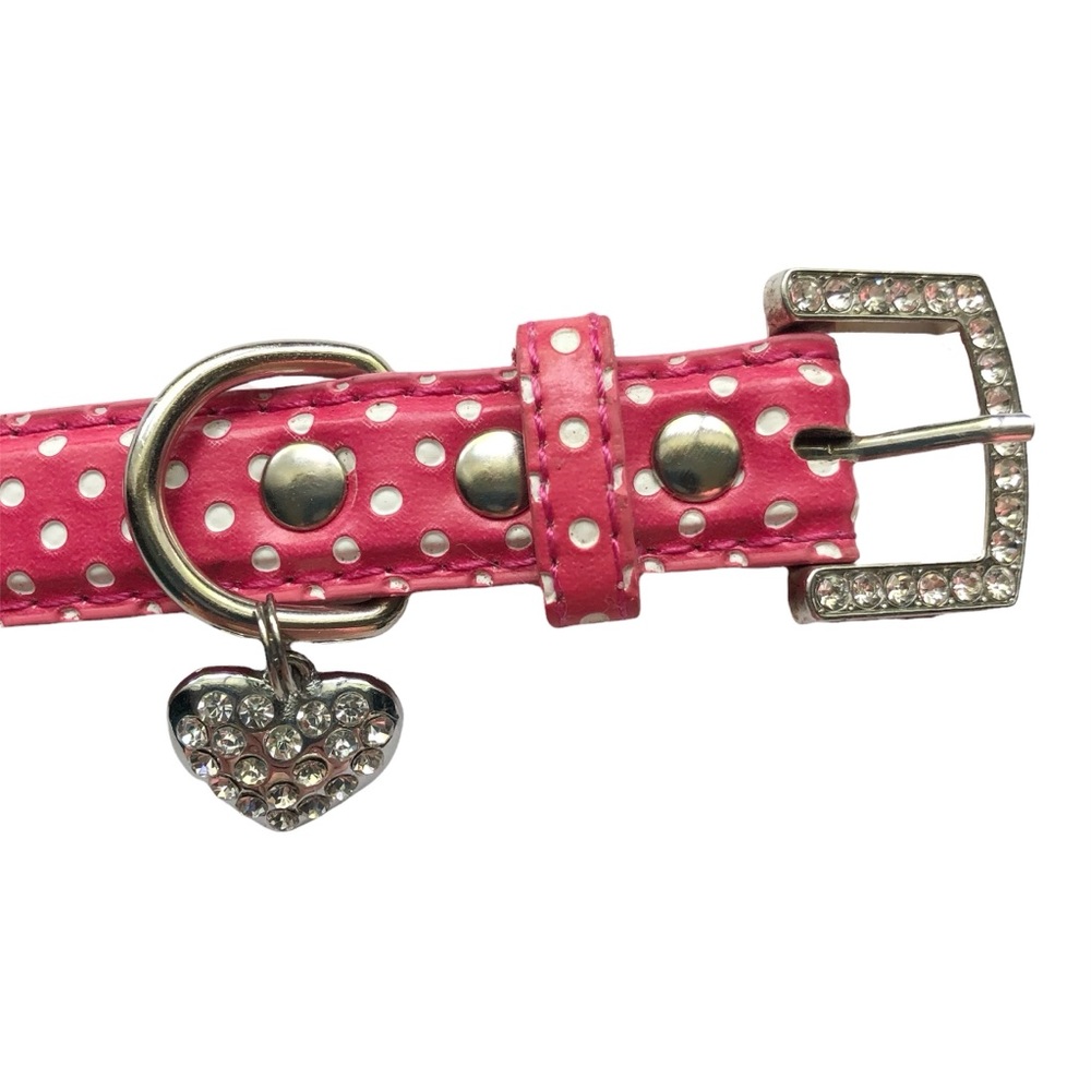 NEW Dog Collar Pink Polka Dot Bling Heart M/L